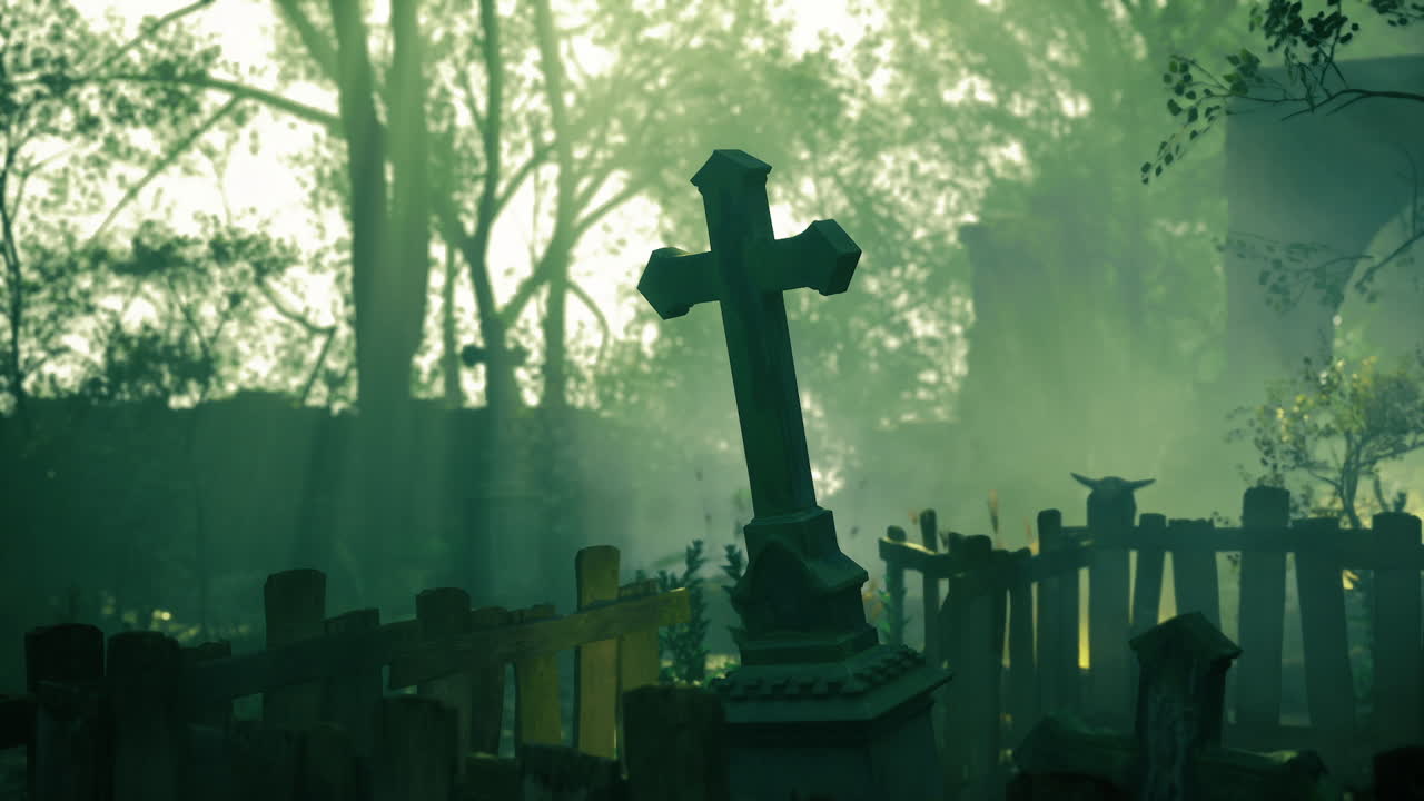 Croce enigmatica ricoperta di muschio in un ambiente forestale misterioso con fitta nebbia