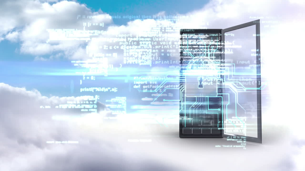 Server tower protecting by electronic security on cloudy sky background 