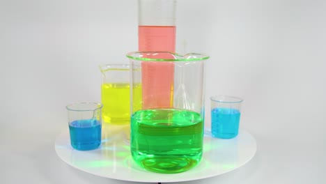 various colored liquids in beakers and cylinders