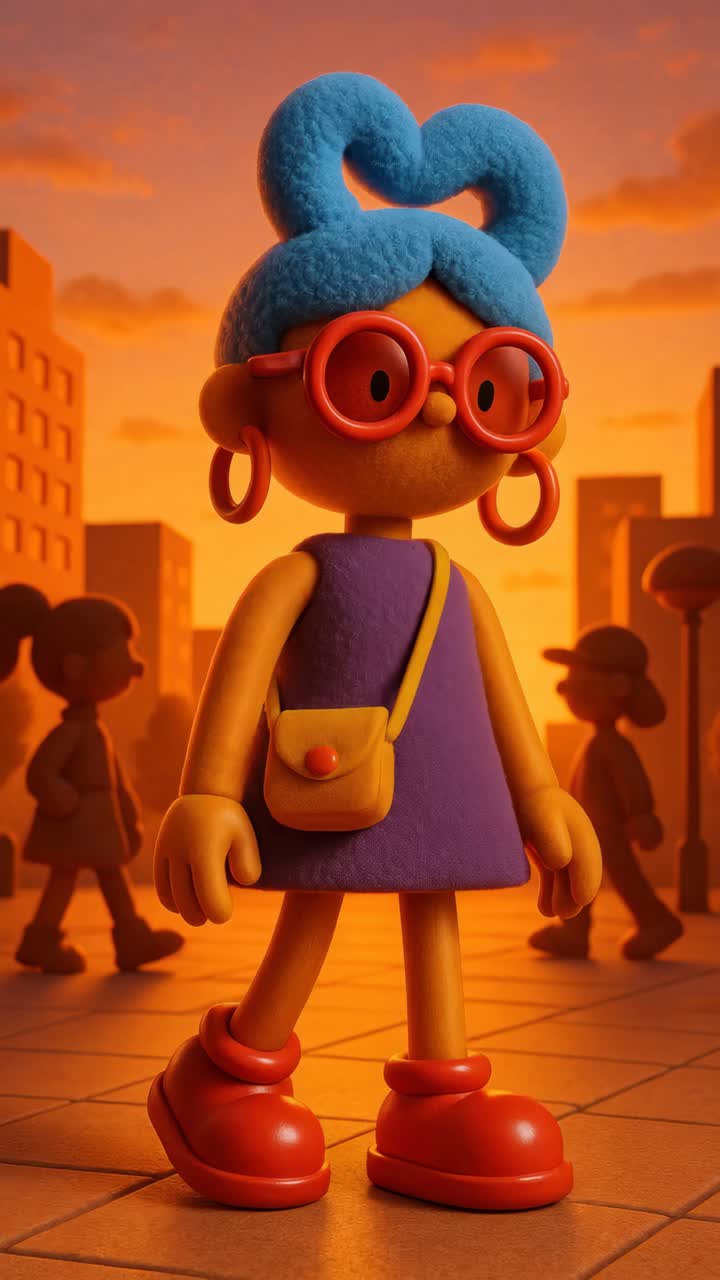 Personaje de estilo claymation en un paisaje urbano vibrante al atardecer, capturado desde un ángulo bajo