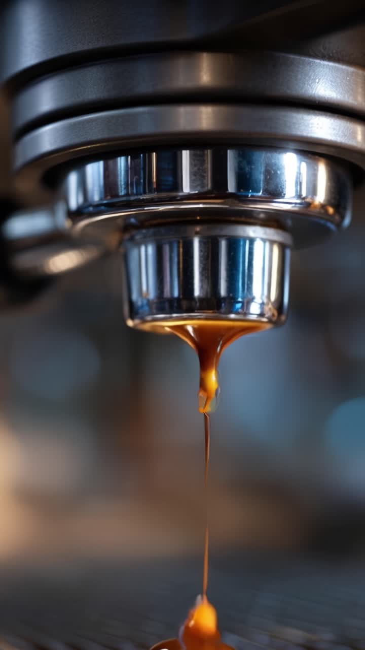 Primo piano dell'estrazione dell'espresso: liquido marrone intenso che gocciola da una macchina da caffè, catturando l'essenza delle tecniche di preparazione perfette nella maestria del barista.