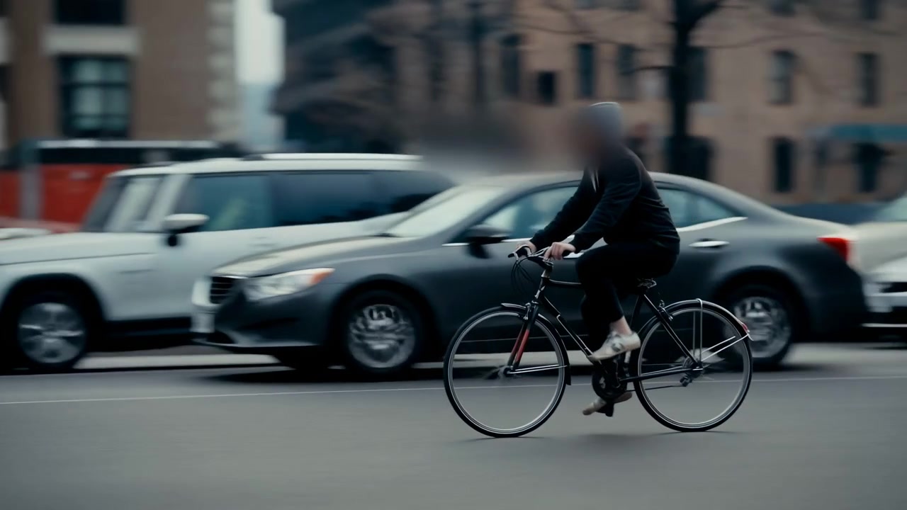 Side view shows lone cyclist on road bicycle crossing wide downtown street while cars, traffic lights, and tall buildings blur behind, creating urban commuter movement in cool overcast light