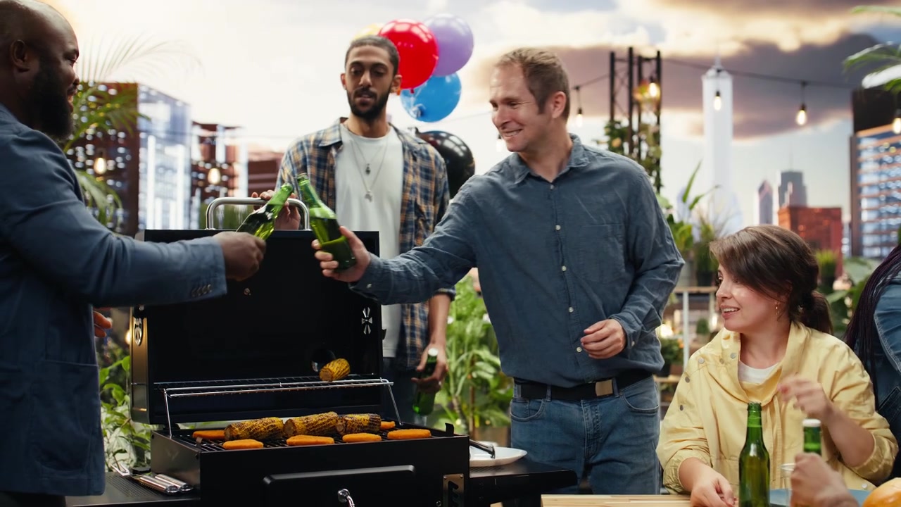 Men smile and talk beside rooftop grill with corn and patties cooking