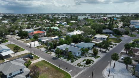 aerial view of a coastal american neighborhood with palm-lined streets and diverse homes. wide shot. luxury houses and villas with palm trees in front yard. florida, united states.
