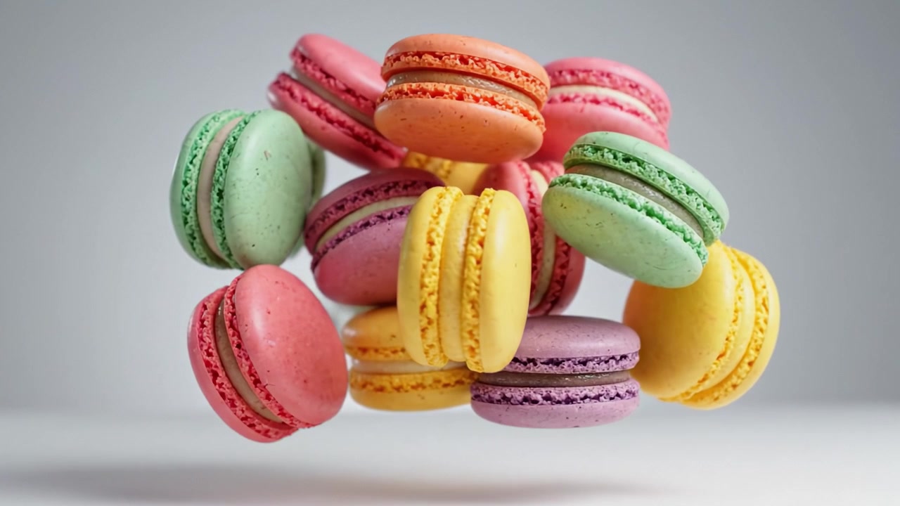 A Colorful Array of Airborne Macarons in Various Flavors and Pastel Colors Showcasing Culinary Artistry and Delightful Treats