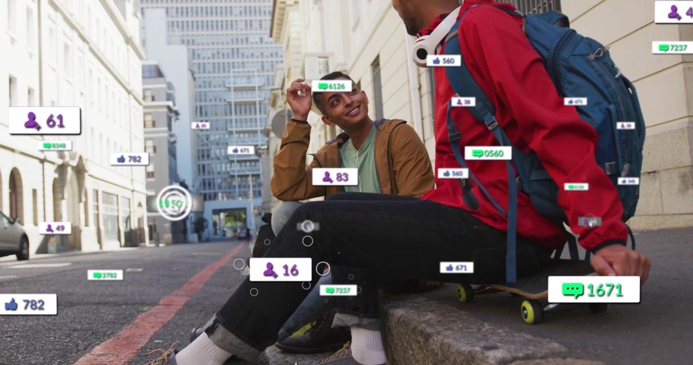 Animation of changing numbers and icons in notification bars, diverse skaters discussing on street