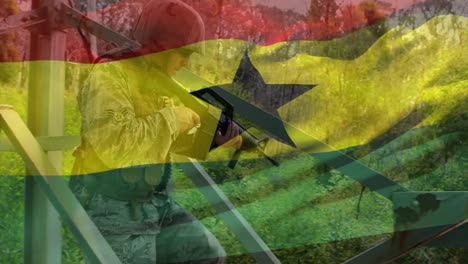 animation of flag of ghana over caucasian male soldier with rifle