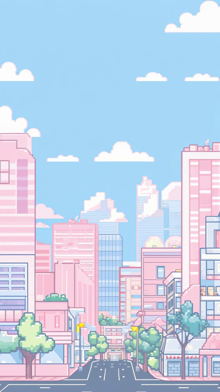 Aerial view of a pastel-colored cityscape in a pixel art style, perfect for retro video themes