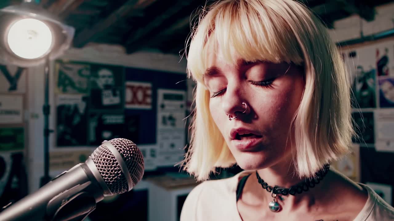 Close-up video of a woman singing into a microphone in a dimly lit room, capturing an intimate