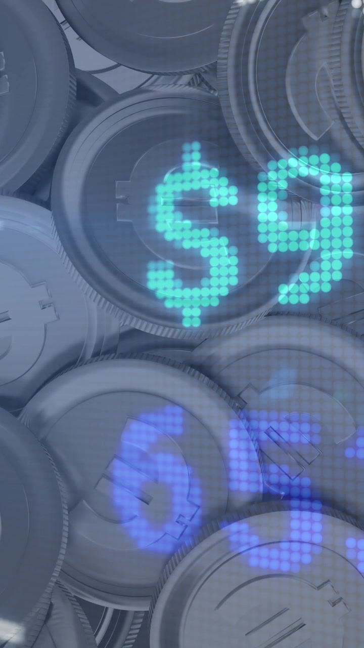 Animazione di elaborazione dati finanziari su pile di monete in euro