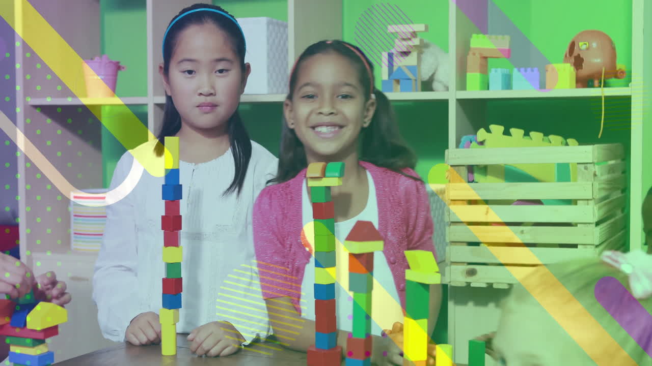 Anak-anak membangun menara balok warna-warni, animasi bentuk geometris di atas pemandangan