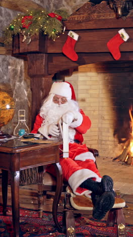 santa claus is sitting in specially decorated room at the table, holding the book in hands. feast fireplace in the background. christmas spirit concept close up video. christmas eve. new year is coming. vertical video
