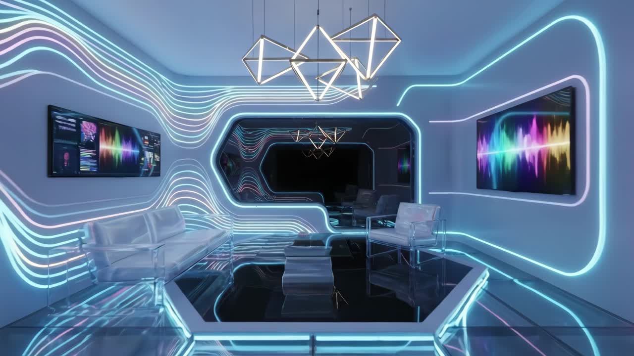 Sala lounge de neón futurista con patrones de luz dinámicos y pantallas digitales