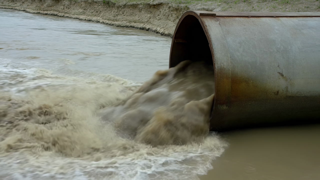 Rusty Pipe Releasing Murky Brown Water, Forceful Effluent Pouring Into Shallow Riverbank, Churning Sediment