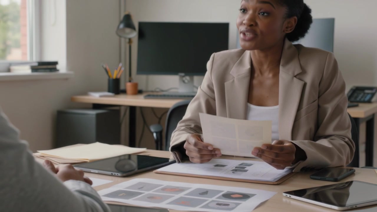 Picking up sheet presenter wearing blazer pointing at mockup grid reviewing designs at office