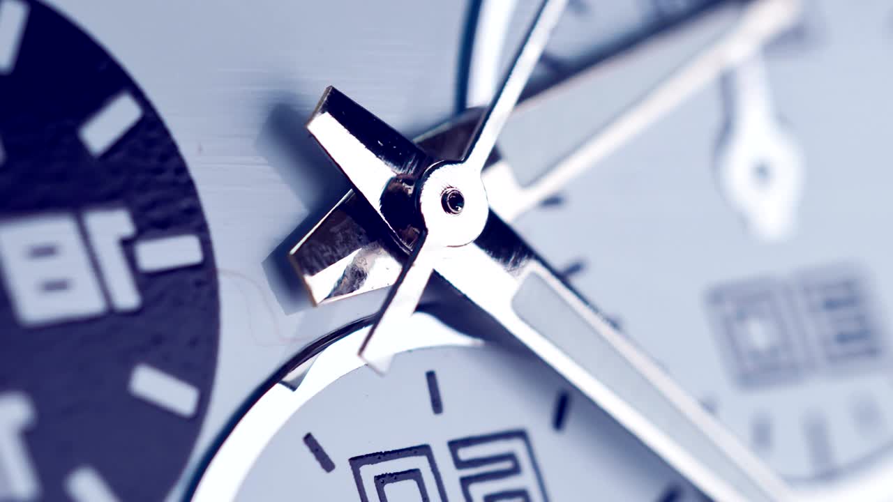 Business clock face arrow running in time lapse extreme macro close up, moving fast seconds hand. Very close hand watch face with details and texture, time-lapse. 4k.