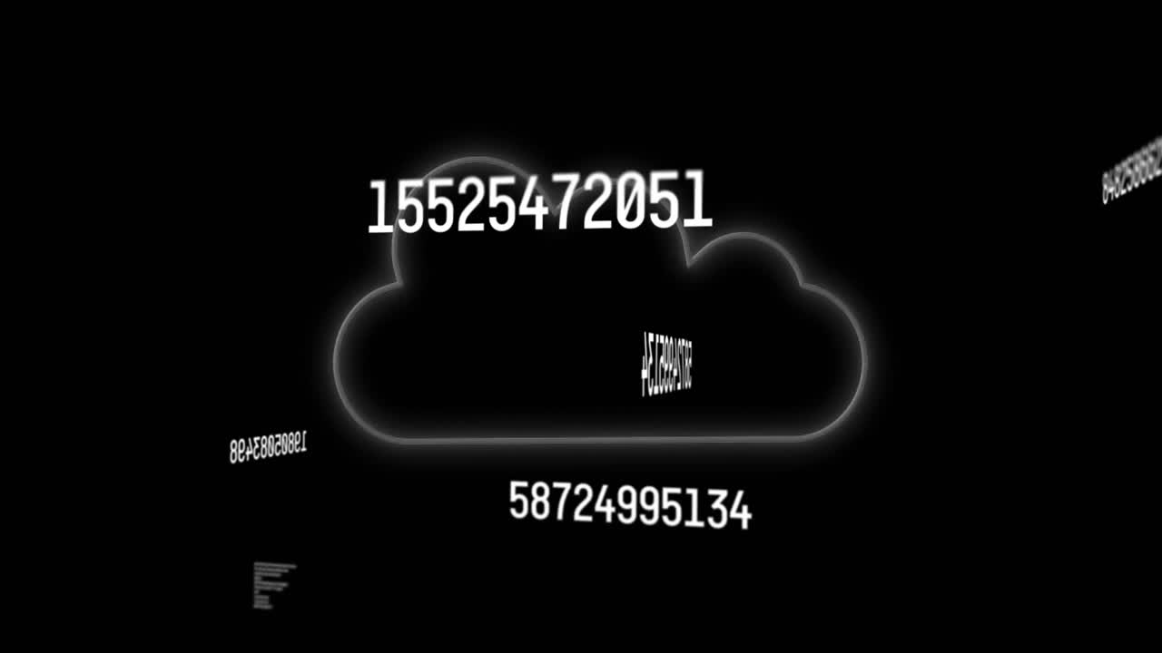 Animation of falling numbers over cloud icons on dark background