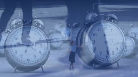 Animation-of-alarm-clocks,-data-processing-over-businesswoman