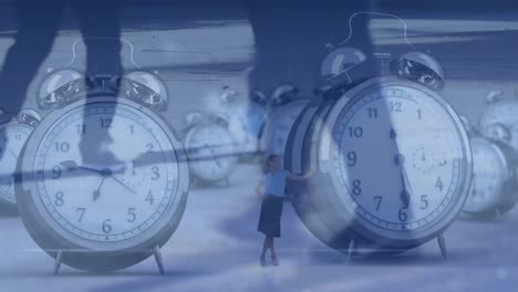 animation of alarm clocks, data processing over businesswoman