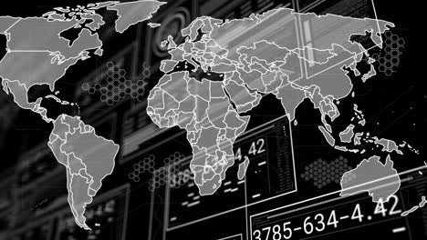 Animación-Del-Procesamiento-De-Datos-Y-Mapa-Mundial-Sobre-Fondo-Negro