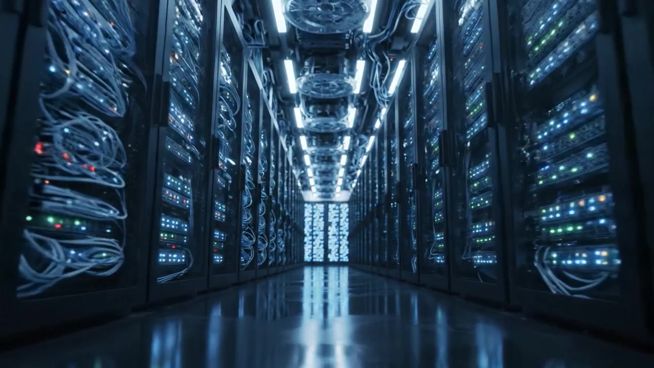 Et kig ind i et moderne datacenter: Rækker af højteknologiske servere med oplyste LED-statusindikatorer, der skaber en futuristisk atmosfære.