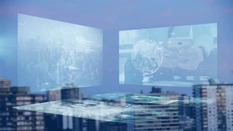 animation of diverse data on screens over city financial district