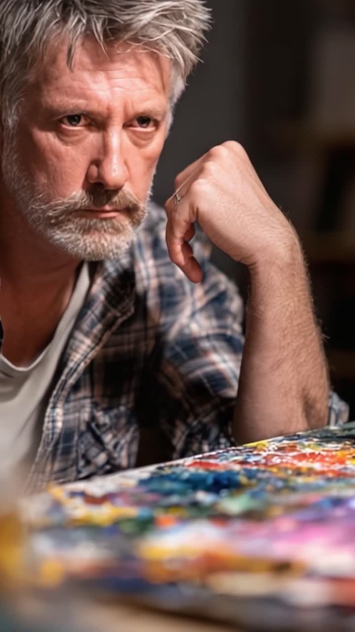 A contemplative artist absorbed in creativity, reflecting on intricate colors and textures while deeply pondering the next stroke of his brush amidst vibrant artistry