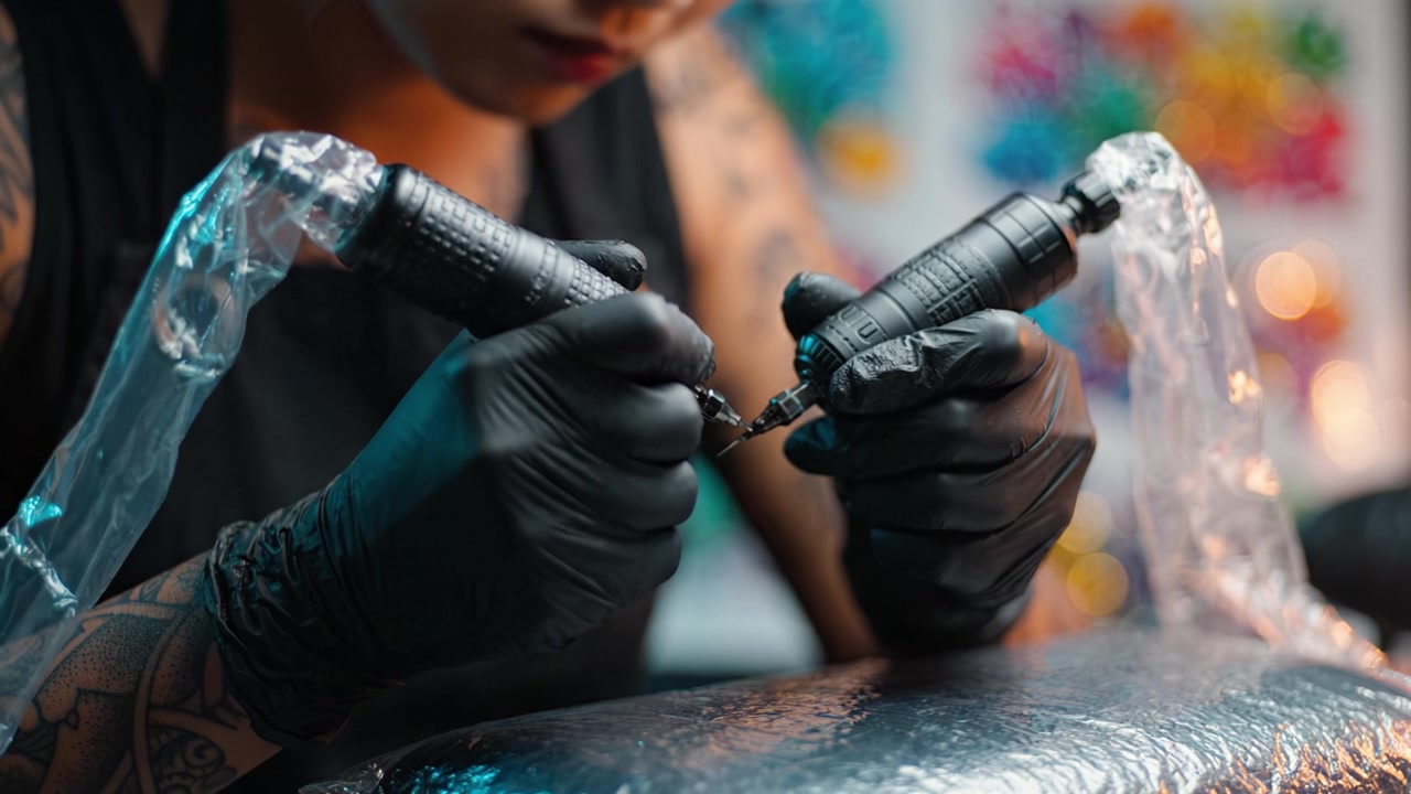 Tatuatore intento a realizzare intricati disegni per il corpo utilizzando due macchinette per tatuaggi con precisione in un ambiente di studio colorato.