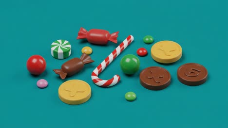 a colorful assortment of candies and treats laid out on a vibrant background, showcasing a range of shapes and textures with a festive touch