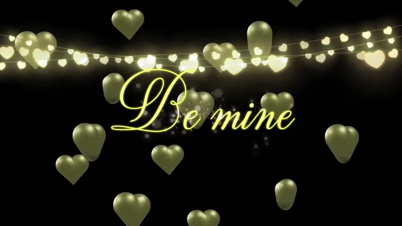 검은색 배경에 금색 심장과 밝은 반점 위에 있는 be mine 텍스트의 애니메이션