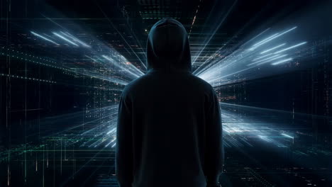 hacker silhouette in digital landscape