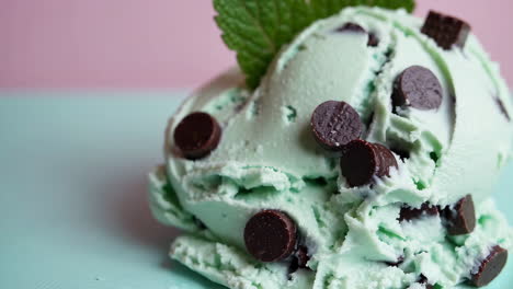 close-up of mint chocolate chip ice cream scoop