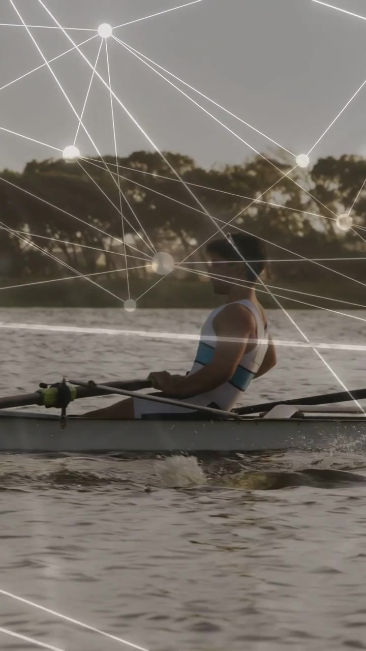 Vertical video: Rower pulling oar, two rowers syncing strokes for sports, overlay mapping timing
