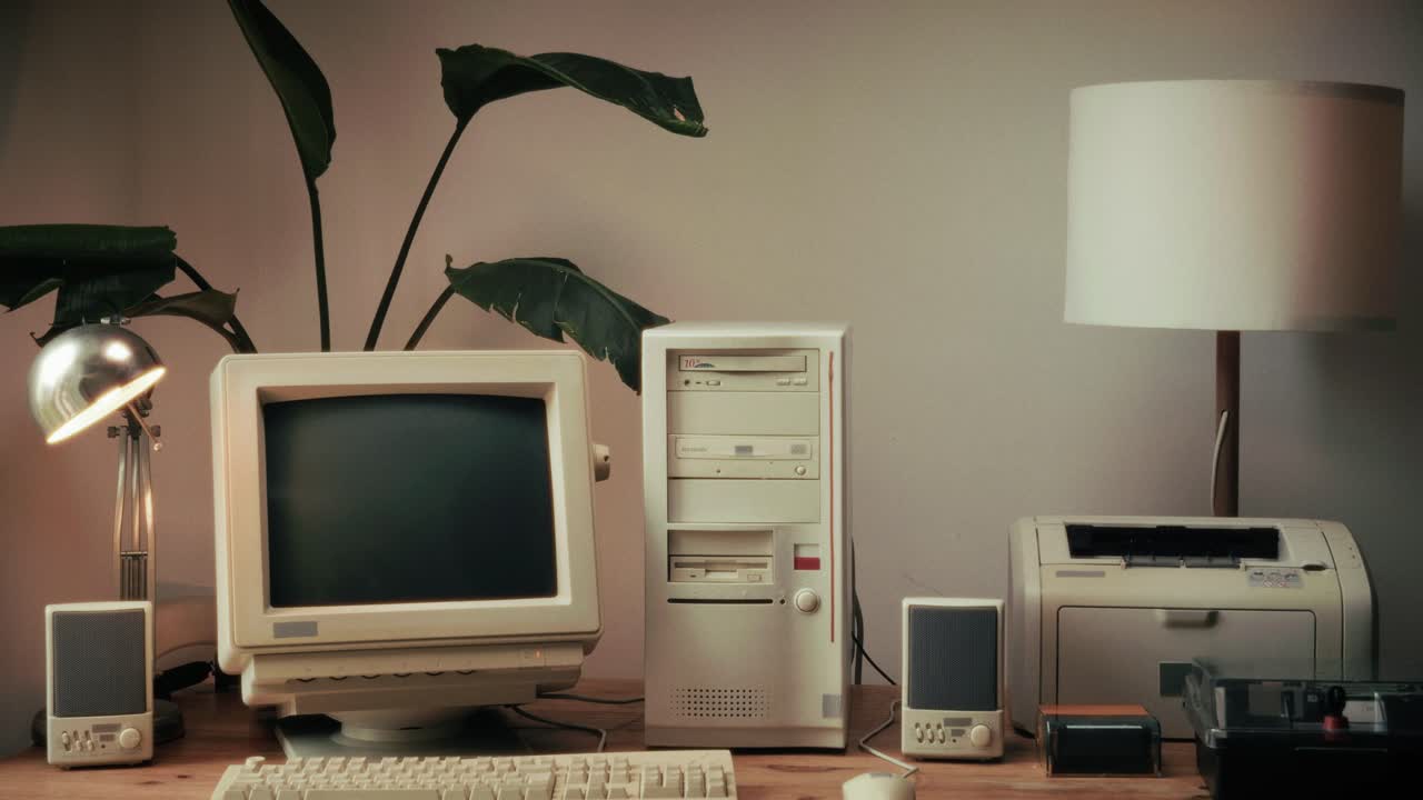 Retro pc computer gaming, Desktop vintage with loading code console, programmer making scripts, green basic screen, Old computer studio close-up, retro wave display, late 90s PC.