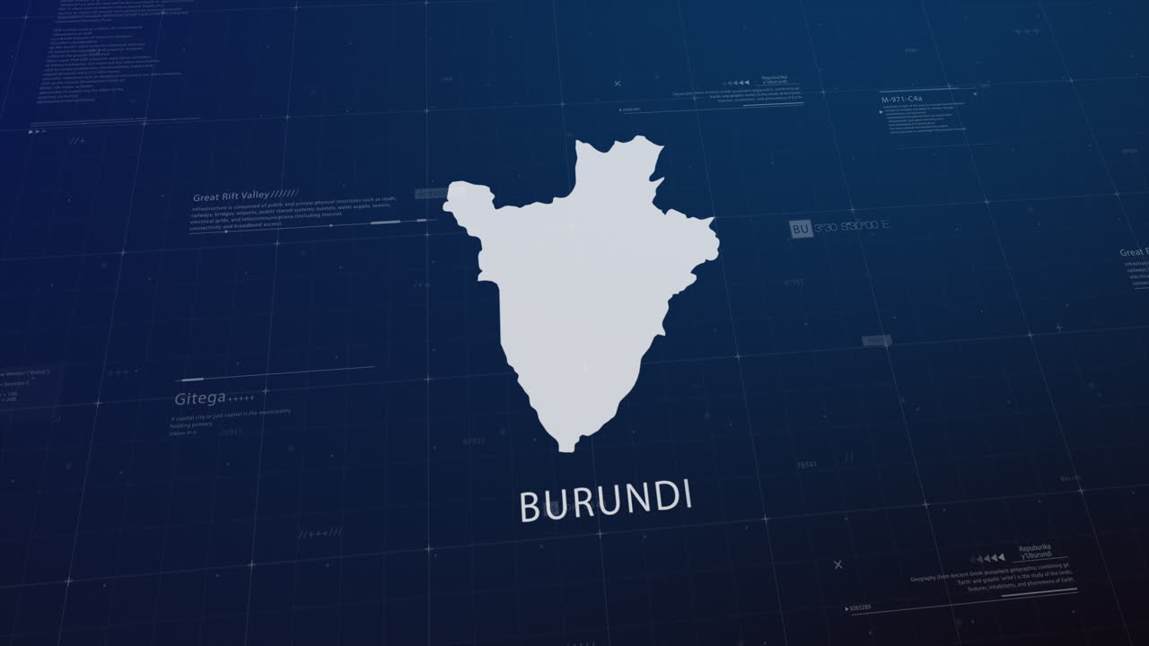 Burundi country map comes to life with cinematic panning, unveiling key details, the capital, and slogan, providing an engaging background for corporate and commercial use