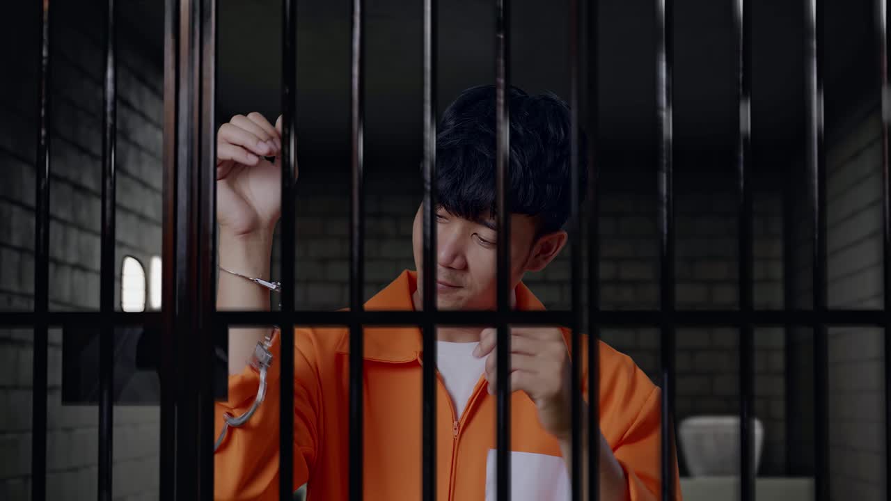 손이 부러진 아시아 남성 수감자가 감옥에 서서 축하하는 골을 비명을 지르고 있습니다.