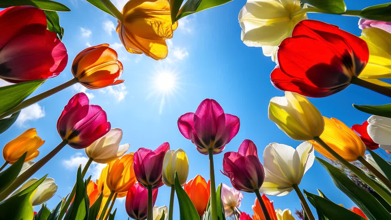 Vibrant tulips shot from a low angle against a bright blue sky, capturing a sunny, uplifting mood