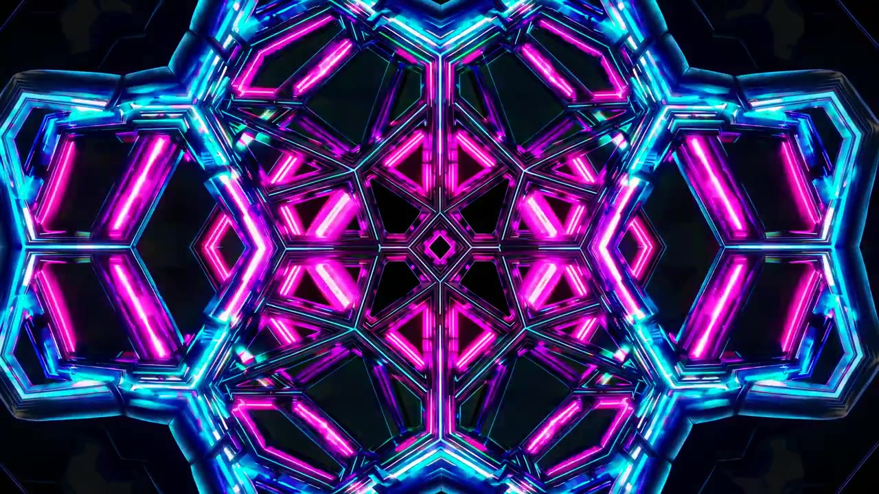 Abstract Geometric Kaleidoscope with Pulsing Neon Pink and Blue Lights