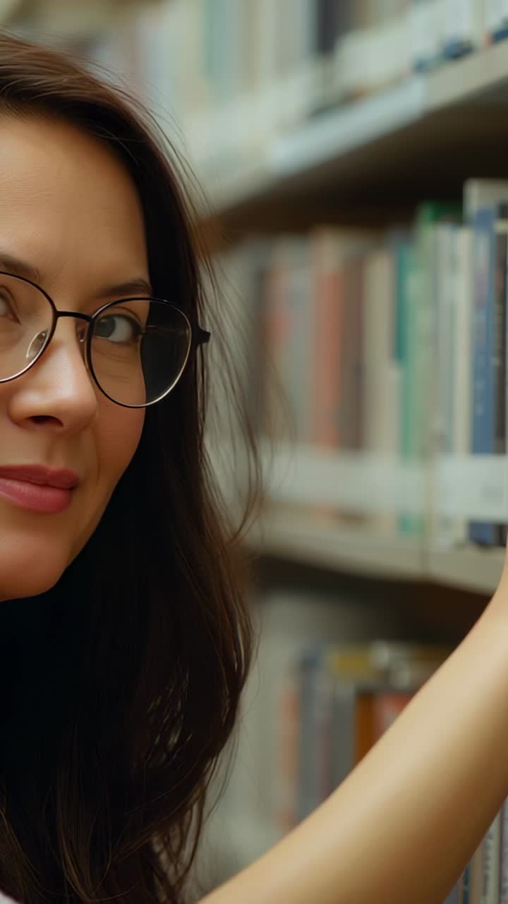 Vídeo vertical: mulher procurando livro, mulher escaneando a prateleira da biblioteca, mão pegando o livro para ler, espaço para texto