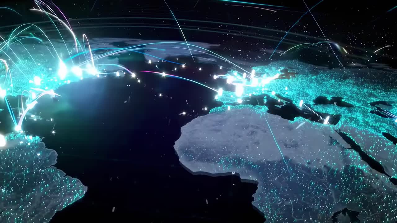 Aerial video view of glowing global connections over continents, showcasing digital data flow