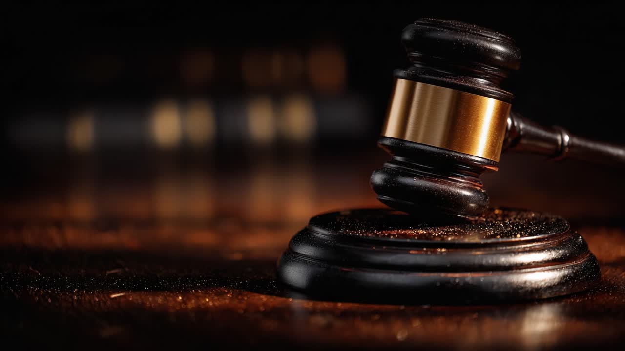A Detailed Close-Up of a Judge's Gavel Resting on a Sound Block, Symbolizing Justice and Legal Authority in a Dimly Lit Courtroom Environment