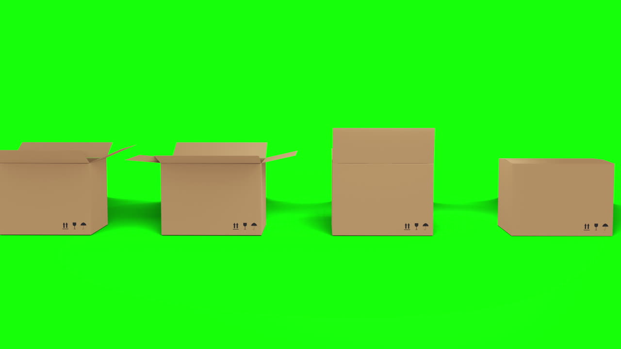 fila sin costuras de cajas de cartón marrón con tapas que se abren sobre un fondo de pantalla verde