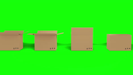 seamless row of brown cardboard boxes with lids opening on green screen background