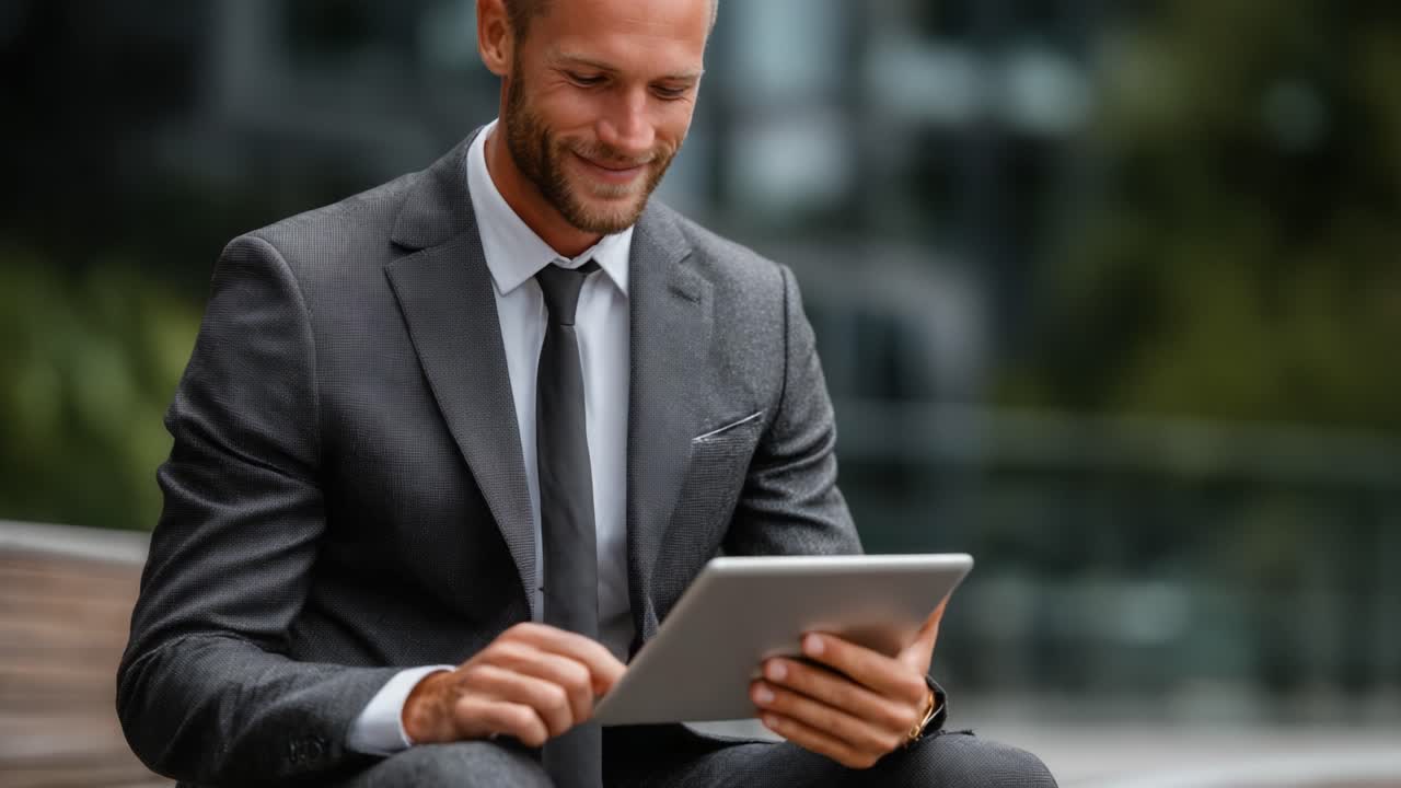 A confident businessman in a tailored suit engaging with a tablet device outdoors, showcasing modernity and professionalism in a serene environment