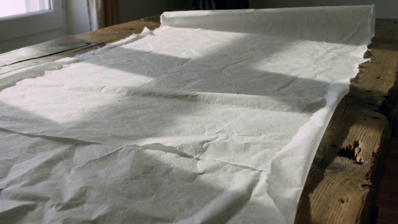 Unspooling large white paper roll sliding sheet across worn table near window, sunlit rectangles