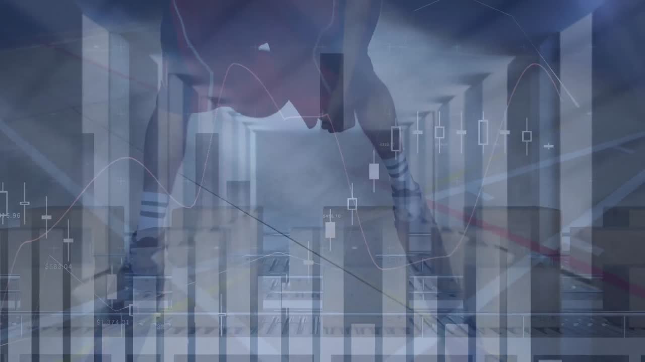 Animation of financial data processing over basketball player and empty office
