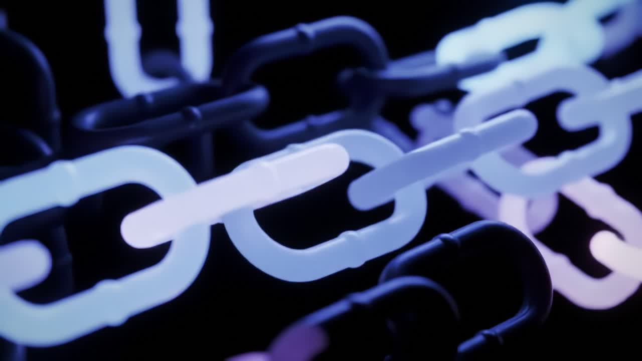 Brightly illuminated chains in various colors are showcased against a dark background. The video highlights the intricate details and vibrant hues of these interlocking links.