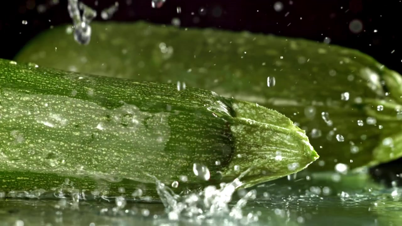 Acqua che schizza al rallentatore su zucchine verdi fresche.