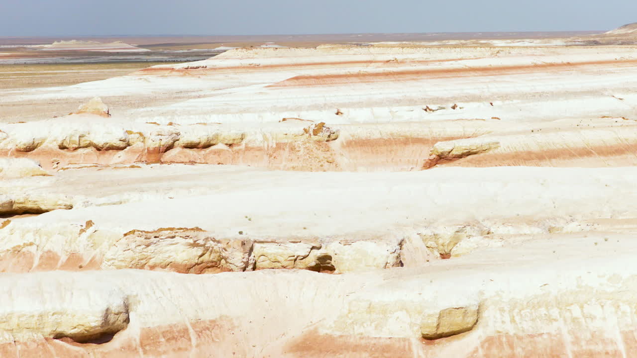 Chalk Plateau At Surreal Landscape Of Mangystau Region In Kazakhstan. Aerial Ascending Shot