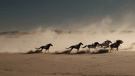 wild horses running across a desert sandstorm